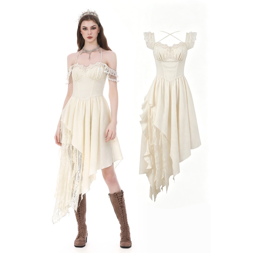 Dark in Love - Vintage Gothic Textured Lace Irregular Strap Short dress - Off white